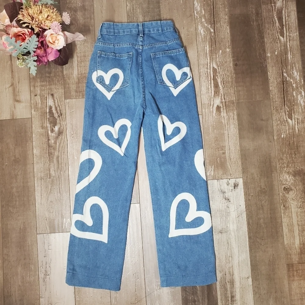 White Heart Graphic Light Wash High-Rise Blue Jeans Girls Size XS EUC